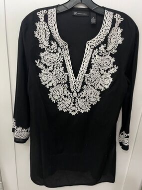 INC International Concepts Black Tunic with White Paisley Embroidery Detail